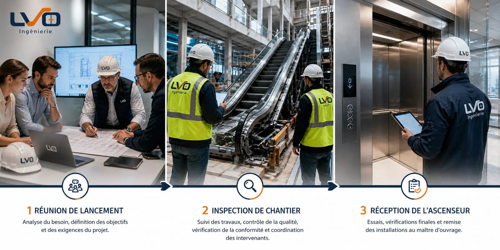 Réunion de lancement, inspection de chantier et réception d'ascenseur